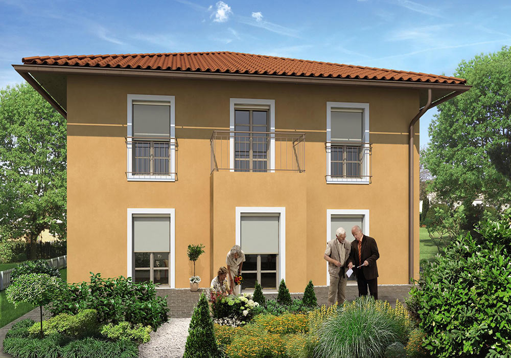 Toskana-Haus mit hochkantigen Fenstern und Bauerngarten